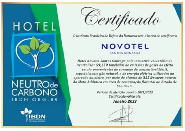 O Novotel Santos Gonzaga recebeu o certificado de Hotel Neutro de Carbono. 