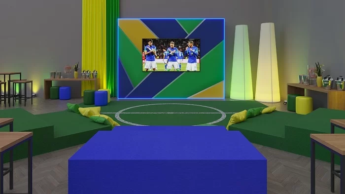 arena_blue_tree_hotels Arena Blue Tree, espaço com tons em verde e amarelo e tema de futebol. A rede lança programação exclusiva durante jogos no Catar.