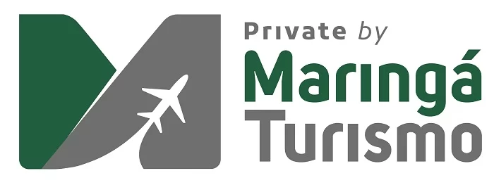Logo da marca Maringá Turismo Private, em tons de verde, na palavra Maringá, e prata na palavra Turismo e Private.