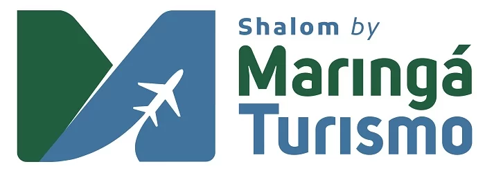 Logo da marca Shalom, em tons de verde na palavra Maringá, e em azul, na palavra Shalom