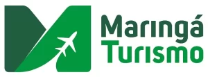 Novo logo da Maringá Turismo, com tons de verde escuro e um verde mais claro, além de um M grande à esquerda, com um avião decolando a partir da letra. Maringá Turismo tem nova identidade visual, moderna e chamativa.