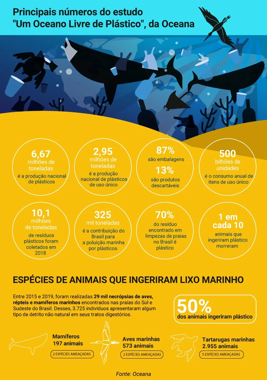 Gráfico com os principais números do estudo um Oceano sem Plástico, da Oceana Brasil