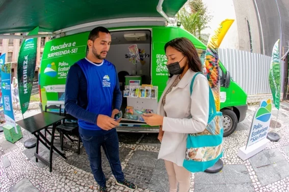 Pessoas na Blitz Promocional do Polo de Ecoturismo de São Paulo. Atrás, há um truck verde, com logo do Polo. A ação acontecerá no dia 24/01.