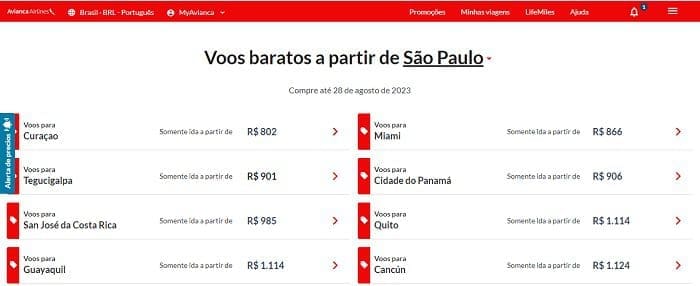 Algumas ofertas da Red Sale da Avianca com saída de São Paulo