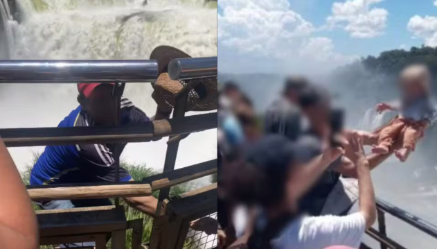 Episódios de desrespeito às regras de segurança na Garganta do Diabo, nas Cataratas do Iguaçu: turista que pulou a grade para recuperar um chapéu e homem que ergueu um bebê sobre a proteção do mirante. - Crédito: Divulgação / Redes sociais / g1