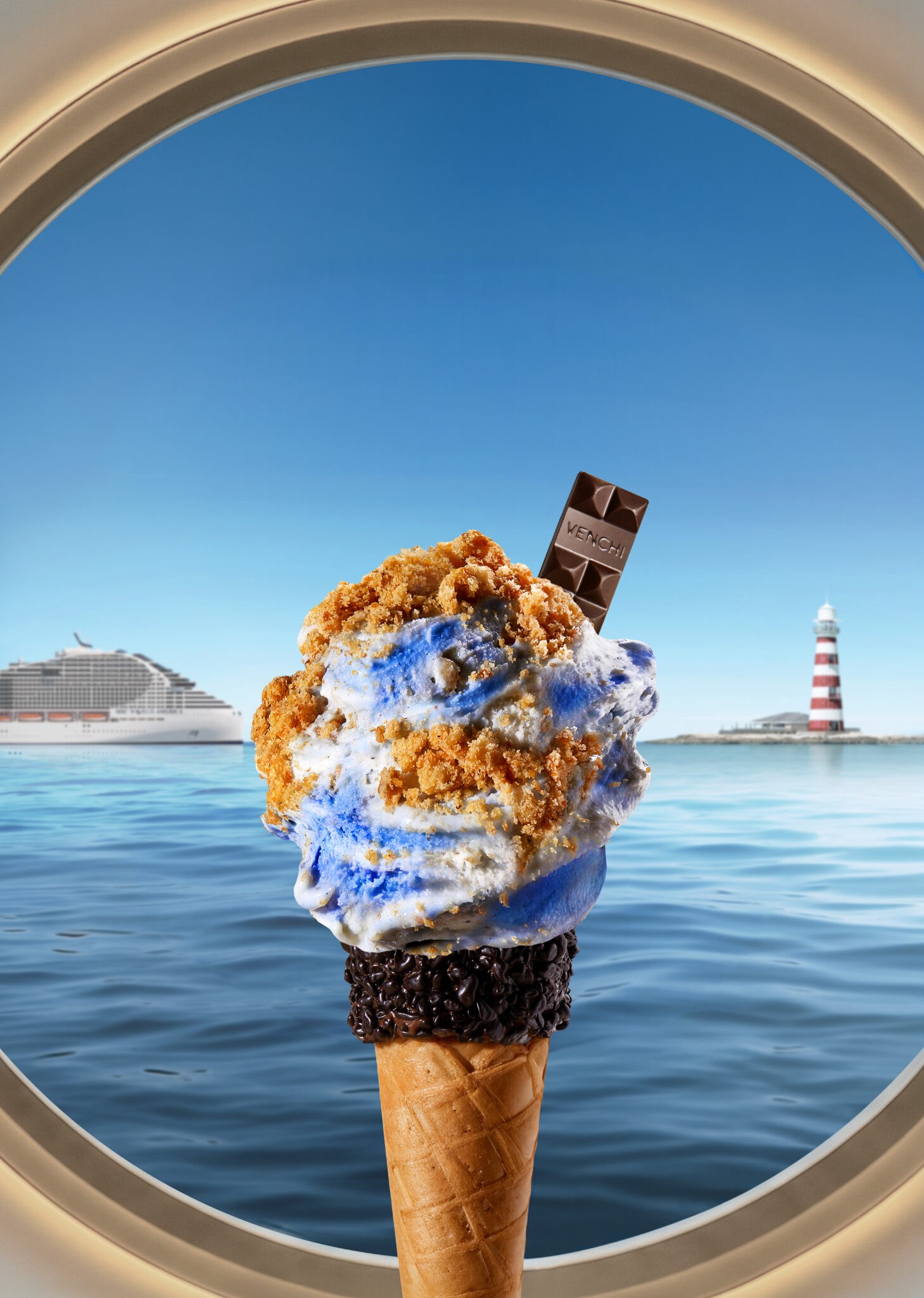 Crunchy Waves cria um divertido efeito de "areia e mar" e reúne Venchi e MSC Cruzeiros em um único cone - Crédito: divulgação